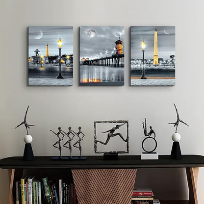 MHARTK66 Family Bedroom Wall Decor Canvas Wall Art for Living Room Modern Wall Decorations for office Black and white Night view light Paintings Kitchen Hang Pictures Artwork Home Decoration 3 Pieces