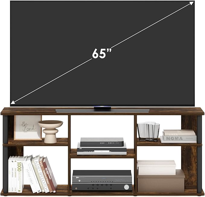Furinno Classic TV Stand, 3-Tier Entertainment Center with Storage Shelf, Open Back TV Console for TV up to 65 Inch with Plastic Poles, for Living Room, Bedroom, Amber Oak