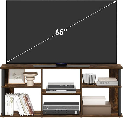 Furinno Classic TV Stand, 3-Tier Entertainment Center with Storage Shelf, Open Back TV Console for TV up to 65 Inch with Plastic Poles, for Living Room, Bedroom, Amber Oak