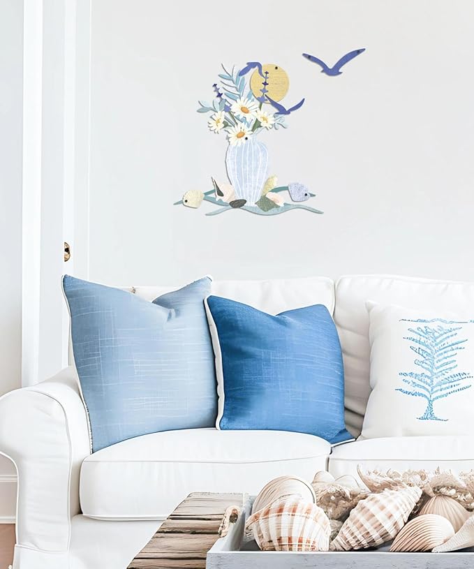 Putuo Decor Floral Vase Metal Wall Decor, Blue Vase and Wildflower Design, Modern Farmhouse Rustic Wall Hanging for Living Room Bedroom Entryway