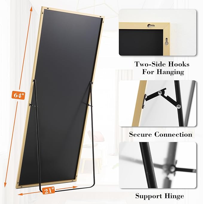 Sweetcrispy 64"x21" Full Length Mirror, Full Body Mirror with Aluminum Alloy Thin Frame, Leaning or Standing, Suitable for Bedroom, Livingroom, Cloakroom, Gold