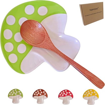 Ceramic Spoon Rest for Stove Top & Kitchen Counter Spoon Holder for Stove & Cooking Spoon Holder for Ladle Cute Spoon & Utensil Rest Tong Spatula Rest, Mushroom Kitchen Decor & Accessories (Green)