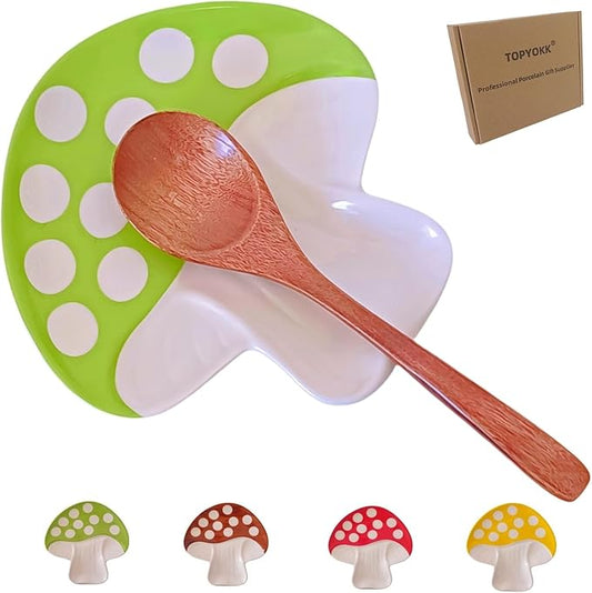 Ceramic Spoon Rest for Stove Top & Kitchen Counter Spoon Holder for Stove & Cooking Spoon Holder for Ladle Cute Spoon & Utensil Rest Tong Spatula Rest, Mushroom Kitchen Decor & Accessories (Green)