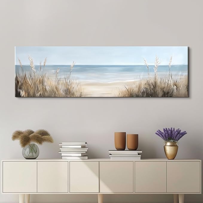 Large Abstract Ocean Wall Art Beach Picture Coastal Room Decor Seaside Landscape Wall Decor Nautical Canvas Prints Poster Seascape Painting for Living Room Bathroom Vintage Nature Sea Artwork Decorations 14x48"