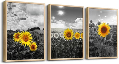 hyidecorart Natural Framed Wall Art - Large Sunflower Flowers Black And White Wall Pictures - Set of 3 Piece Prints - For Living Room, Kitchen, Bedroom