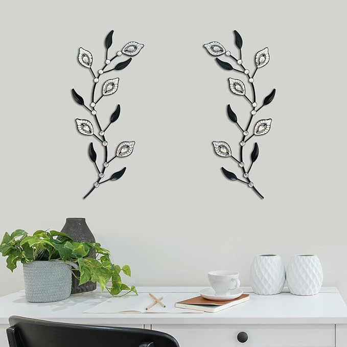 sxnzequnze 2 Sets Leaf Wall Art for Home Metal Bling Rhinestones Ready to Hang Tree Branch Leaves Olive Vine Wrought Iron Hanging Sculpture Pieces Wall Decor Pcs - 16.5in