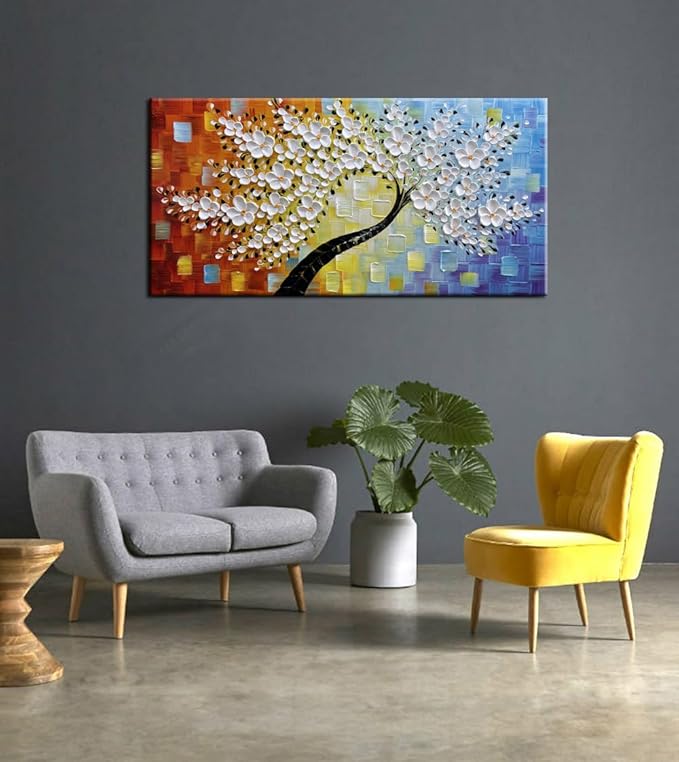 YaSheng Art - Handmade Wall Art 3D Texture Colorful Flowers Oil Painting ，Modern Abstract Canvas Wall Art，Bedroom Wall Decor Home,Wall Art for Living Room,Framed Wall Art Pictures 48 by 24 inch