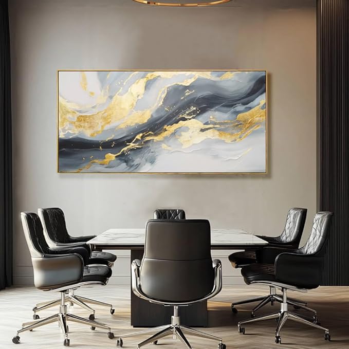 Framed Canvas Pictures Gold Wall Art Abstract Wall Art Blue Decor Metal Arts Large Prints Picture 24"x48" Artwork for Living Room Gallery Office