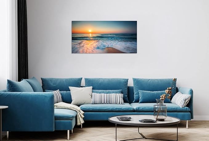 TutuBeer 1 Panel Beach Pictures Wall Art Blue Sea White Beach at Sunrise Pictures Print on Canvas Sea Wall Decor Seascape Paintings for Home Decor Stretched and Framed Easy to Hang 30x60 inch