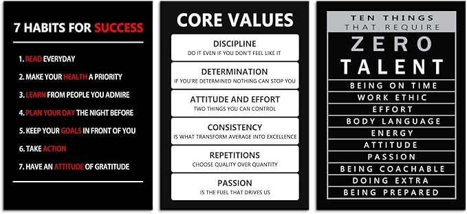 Core Values Inspirational Canvas Wall Art 3 Pieces Poster Motivational Ten Things That Require Zero Talent Canvas Artwork Picture Print Framed for Home Office Living Room Gym Wall Decor [60''Wx 28''H]