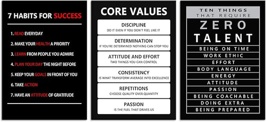 Core Values Inspirational Canvas Wall Art 3 Pieces Poster Motivational Ten Things That Require Zero Talent Canvas Artwork Picture Print Framed for Home Office Living Room Gym Wall Decor [60''Wx 28''H]