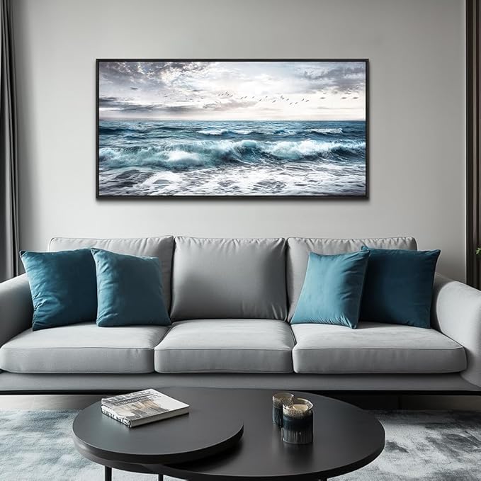 QIYILEXWART Black Framed Large Wall Decor For Living Room Canvas Wall Art For Office Wall Decoration For Bedroom Ocean Waves Painting Modern Picture Artwork Home Decor Ready To Hang