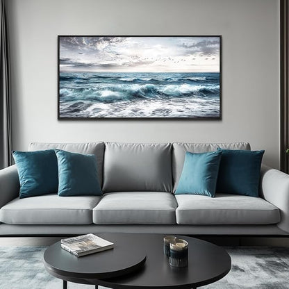 QIYILEXWART Black Framed Large Wall Decor For Living Room Canvas Wall Art For Office Wall Decoration For Bedroom Ocean Waves Painting Modern Picture Artwork Home Decor Ready To Hang