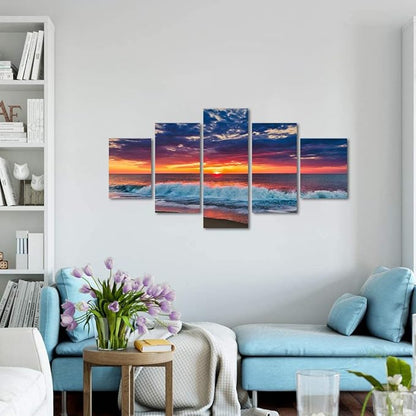 Beaches Wall Art 5 Piece Set Sunset Poster Ocean Scenic Nature Photography Pictures HD Print on Canvas Modern Home Office Decor for Living Room Bedroom Bathroom Wall Decoration Framed Ready to Hang - 60"W x 32"H