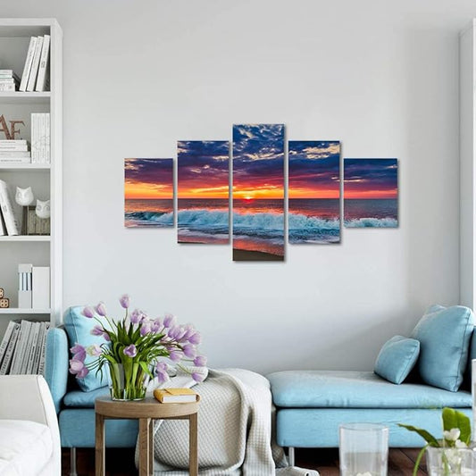 Beaches Wall Art 5 Piece Set Sunset Poster Ocean Scenic Nature Photography Pictures HD Print on Canvas Modern Home Office Decor for Living Room Bedroom Bathroom Wall Decoration Framed Ready to Hang - 60"W x 32"H
