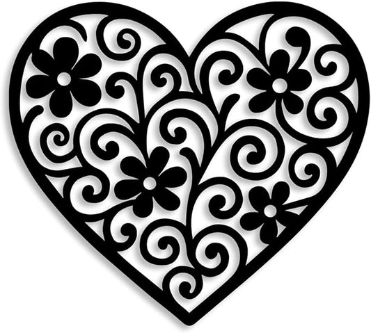 Vineland Black Metal Heart Wall Art, 11.8 Inch Modern Minimalist Sculpture, Floral Pattern Design for Living Room Bedroom Bathroom, Matte Finish Boho Home Decor
