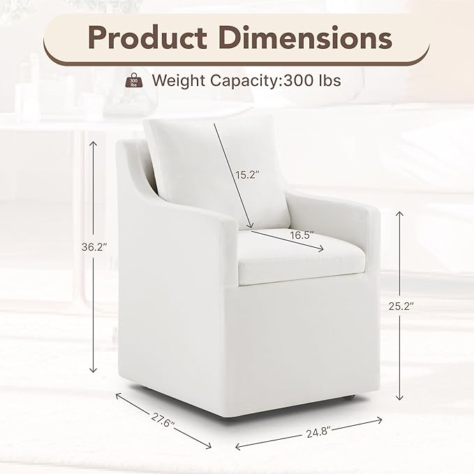 KISLOT Upholstered Dining Chairs Set of 1, Modern Dining Room Chairs with Casters & Washable Cover, Rolling Accent Chair with Hidden Storage for Kitchen, Farmhouse, Living Room, White, 1 Box