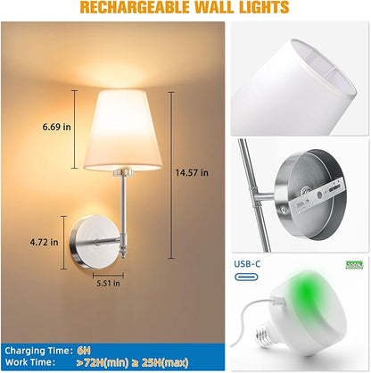 NIORSUN 14.5 inch Battery Operated Wall Sconce Set of 2,Brushed Nickel Rechargeable Wall Lights with 5200mAh Dimmable Bulbs and Remote,9 Colors Wireless Sconces for Bedroom Living Room Decor