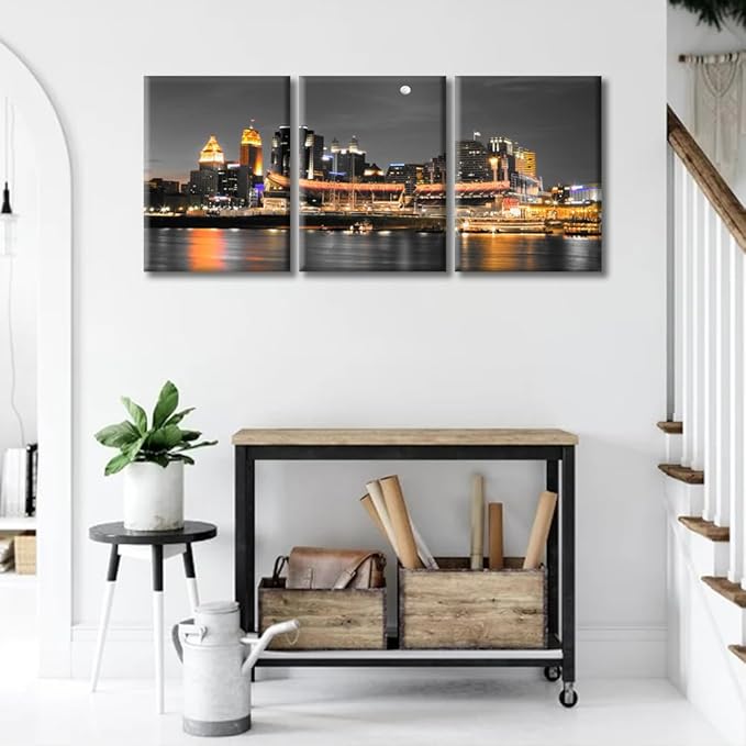 Cincinnati Ohio City Skyline Modern Home Decor American Cityscape Pictures Wall Art for Bedroom, Living Room, Office. 3 Panels Skyscrapers House Decor Ready to Hang (36" Wx16 H)