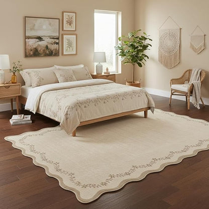GarveeHome 6x9 Scalloped Area Rug Brown Washable Rugs for Living Room Bedroom, Soft Low Pile Non Slip Accent Floor Mat Solid Floral Print Throw Rug Farmhouse Indoor Carpet for Dorm Playroom