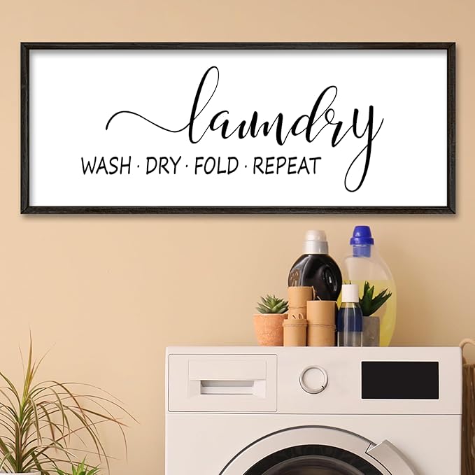 Laundry Room Wall Decor Sign 32"×12" Bathroom Laundry Rules Wash Dry Fold Repeat Large Wood Framed Wall Hanging Art (Black)