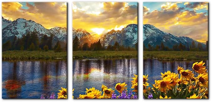 3 Pieces Mountain Canvas Wall Art for Living Room Nature Landscape Picture Sunflower Wall Decor for Bedroom Home Decoration Sunrise Grand Teton National Park Painting Framed Artwork - 16"x24"x3 Panels