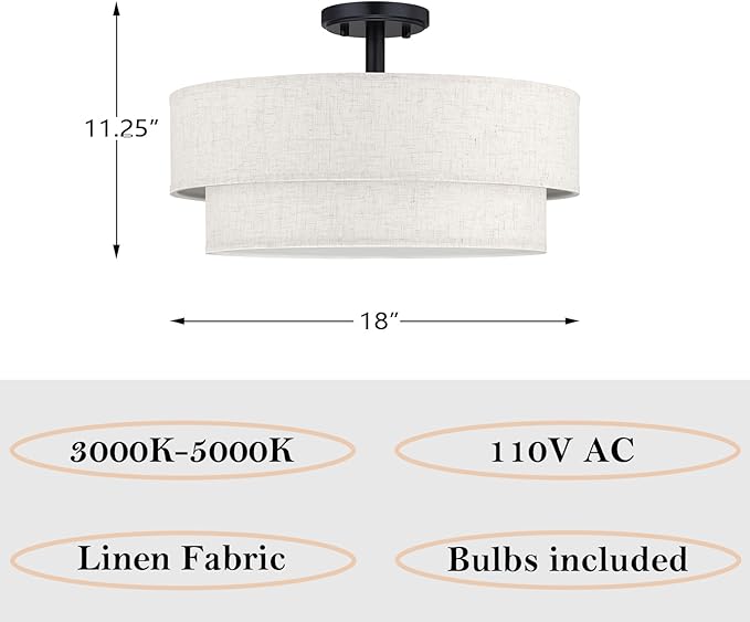 18 Inch LED 24W Adjustable 3000/4000/5000 Black Double Drum Linen Fabric Shade Semi Flush Mount Close to Ceiling Light Fixture for Bedroom,Living Room,Dining Room Hallway