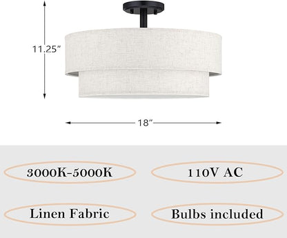 18 Inch LED 24W Adjustable 3000/4000/5000 Black Double Drum Linen Fabric Shade Semi Flush Mount Close to Ceiling Light Fixture for Bedroom,Living Room,Dining Room Hallway