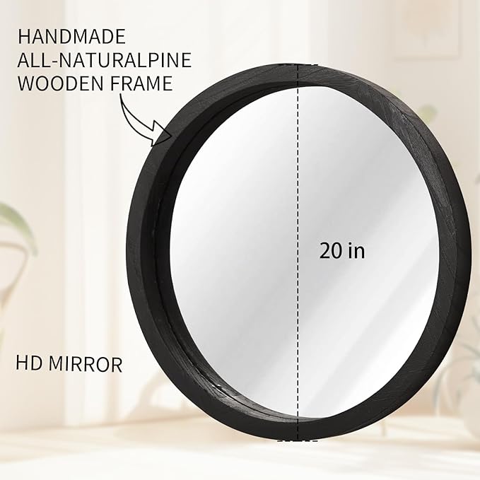 JJUUYOU Round Wall Mirror Circular Wall Mounted Mirror for Bathroom Large Circle Black Mirror for Decor Wooden Make up Mirror for Farmhouse Living Room Bedroom 20Inch
