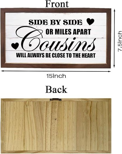 Family Wall Art, Rustic Farmhouse Home Decor for Living Room, Long Distance Gift for Cousins, Wooden Framed Wall Decor, Cousins Will Always Be Close To The Heart Sign, 15×7.5×0.3 inches