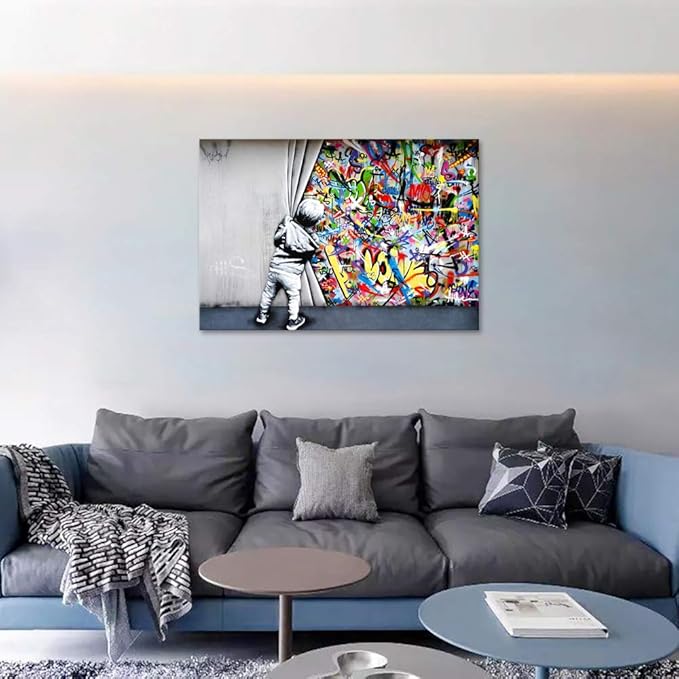 Yatsen Bridge Classic Street Art Banksy Graffiti Wall Art Behind The Curtain Posters Canvas Paintings Colorful Graffiti Pictures Prints Framed for Living Room Home Decor(36''W x 24''H)
