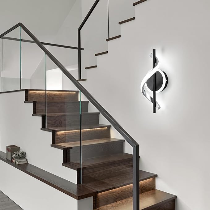 EIDISUNY LED Wall Sconces Indoor, 12W LED Wall Mount Lights, Modern Spiral Wall Lamp, 6000K Cold Light Fixture for Stairs, Living Room, Bedroom, Aisle, Hallway (Cold White, Black)