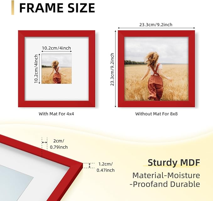YESKAY 8x8 Picture Frame Set of 9, Photo Gallery Wall Frame Set, Display Pictures 4 x 4 with Mat or 8x8 Without Mat, Square Frame Picture Frames Collage Wall Decor, Red
