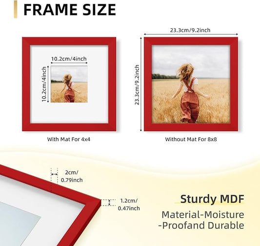 YESKAY 8x8 Picture Frame Set of 9, Photo Gallery Wall Frame Set, Display Pictures 4 x 4 with Mat or 8x8 Without Mat, Square Frame Picture Frames Collage Wall Decor, Red