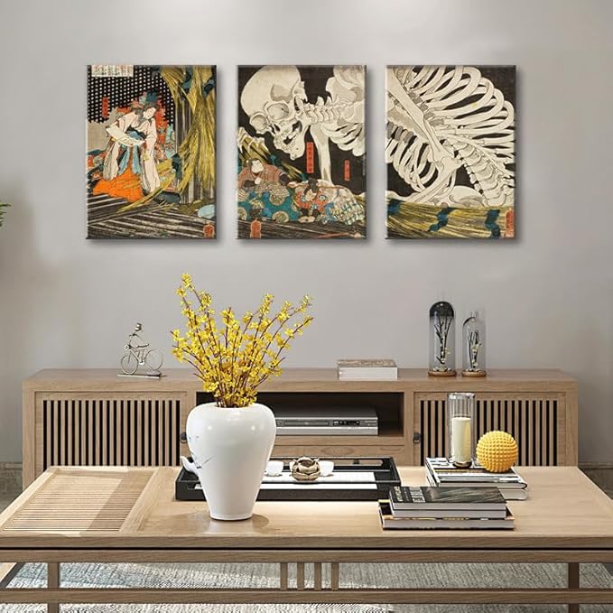 dgbtcart Japanese Wall Art Witch and Skeleton Ukiyo-E by Utagawa Takiyasha Canvas Prints Wall Art Triptych Paintings Goth Poster Decor for Bedroom Living Room 12" x 16"x3 Pcs