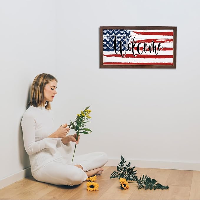 American Flag Welcome Sign, Front Door Wall Decors, Patriotic American Home Decor, Porch Decoration, Housewarming Decoration, Rustic Farmhouse Wooden Framed Wall Decor 15×7.5×0.3 inches