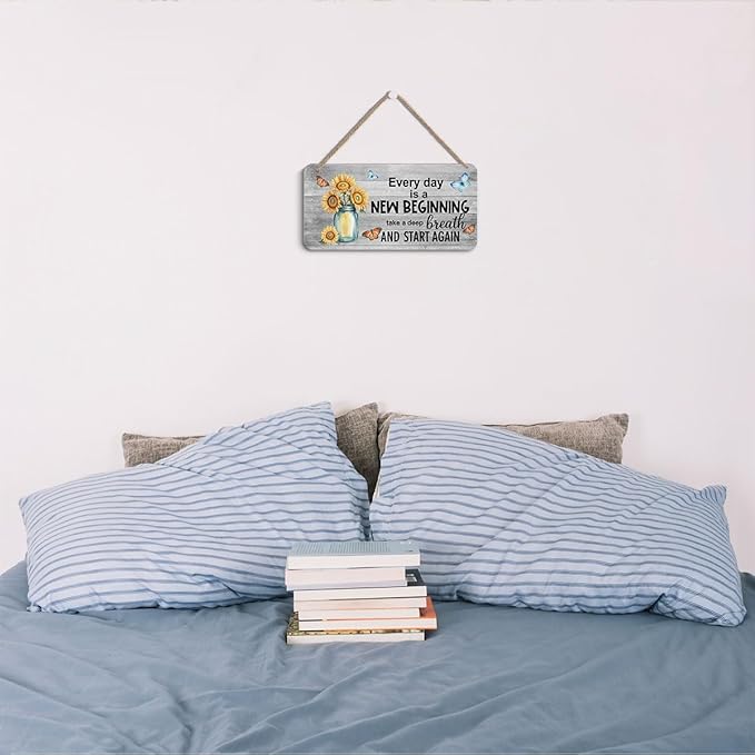 Sunflower Butterfly Wooden Wall Art - Every Day Is A New Beginning, Motivational Decorative Signs Inspirational Hanging Plaque for Home Office Farmhouse, Housewarming Gift Rustic Spring Wall Decor
