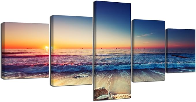 Beautiful 5 Piece Sunset Beach Waves Landscape Artwork Pictures Painting on Canvas Wall Art for Living Room Prints and Posters for Home Decorations Wall Decor Set Framed (50’’W x 24’’H)
