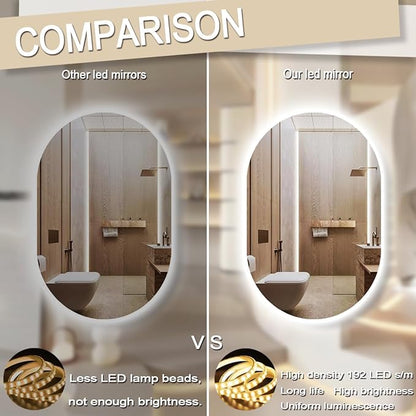 THEKLA 20 x 32 Inch Backlit Oval Lighted Vanity Mirror with Lights Smart Memory 3 Color Dimmable AntiFog 32" Frameless LED Oval Backlit Mirror for Bathroom Makeup Table Wall Vertical/Horizontal Mount