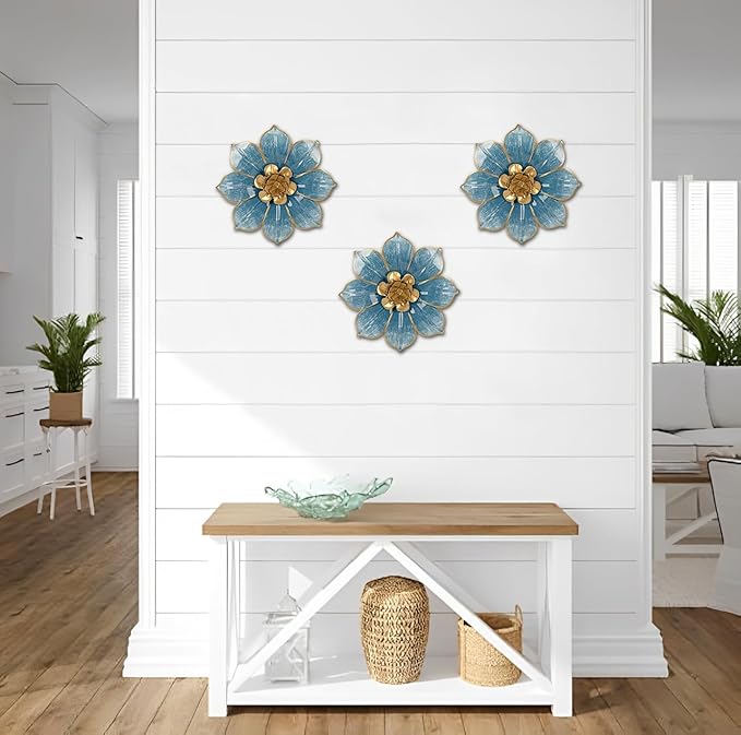 Metal Flowers Wall Decor Blue and Gold Wall Art Hanging Decorations 3 Pc Rustic Modern Floral Sculpture Wall Accent Artwork Indoor Outdoor for Bathroom Bedroom Living Room Garden Patio Porch 10 Inch