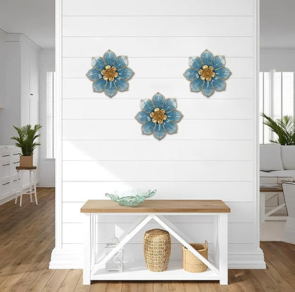 Metal Flowers Wall Decor Blue and Gold Wall Art Hanging Decorations 3 Pc Rustic Modern Floral Sculpture Wall Accent Artwork Indoor Outdoor for Bathroom Bedroom Living Room Garden Patio Porch 10 Inch
