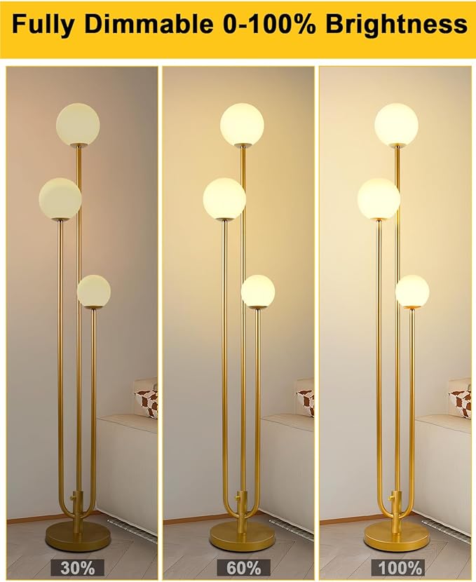 Lightdot 63IN Gold Floor Lamp Dimmable 3-Lights Globe LED Floor Lamps with 3000K Soft Warm White for Wedding/Party Tall Lamp with 5Lbs Heavy Base for Living Room/Bedroom/Sofa Beside/Corner Decor