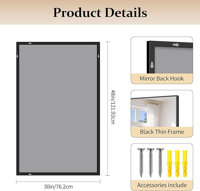 COFENY Black Bathroom Mirror for Wall, 30x48 Inch Rectangle Mirrors with Metal Frame, Modern Vanity Wall Mirror Decor for Bathroom Living Room, Entryway Hangs Horizontal or Vertical