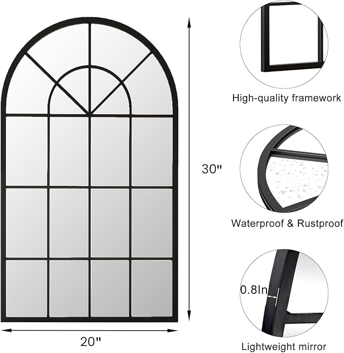 Dewfig Arch Wall Mirror Mounted Decorative, 30"x20", Arched Window Pane Mirror for Wall-Mounted for Entryway, Bathroom Vanity, Living Room or Bedroom, Iron Frame, Black