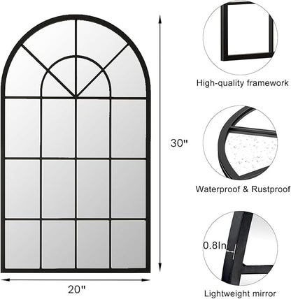 Dewfig Arch Wall Mirror Mounted Decorative, 30"x20", Arched Window Pane Mirror for Wall-Mounted for Entryway, Bathroom Vanity, Living Room or Bedroom, Iron Frame, Black