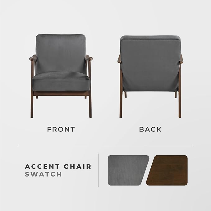 Lexicon Mid Century Modern Chair Velvet Accent Chair for Living Room Chair w/Solid Wood Armrests and Legs, Cushioned Seat and Backrest, Reading Chair and Lounge Chair for Bedrooms/Studios, Dark Grey