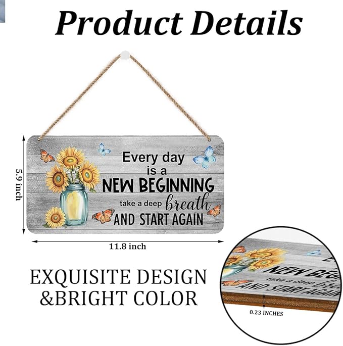Sunflower Butterfly Wooden Wall Art - Every Day Is A New Beginning, Motivational Decorative Signs Inspirational Hanging Plaque for Home Office Farmhouse, Housewarming Gift Rustic Spring Wall Decor