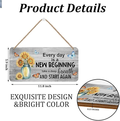 Sunflower Butterfly Wooden Wall Art - Every Day Is A New Beginning, Motivational Decorative Signs Inspirational Hanging Plaque for Home Office Farmhouse, Housewarming Gift Rustic Spring Wall Decor