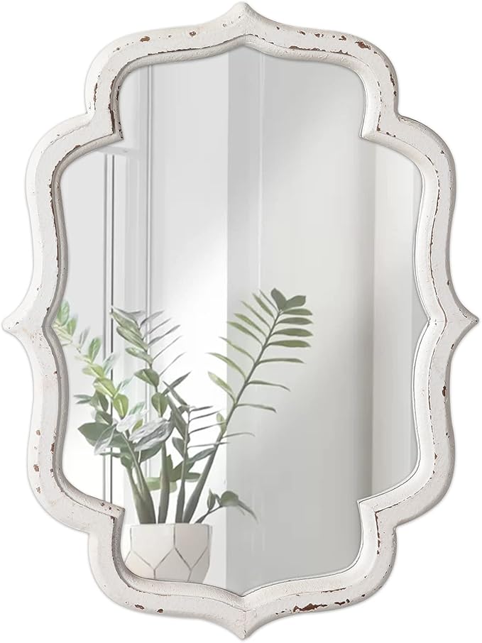Vintage Small Scalloped Wall Mirror Decorative 16" x 12", Hanging Rustic Distressed White Bathroom Mirrors for Vanity, Farmhouse Wood Quatrefoil Wall Mounted Mirror for Living Room