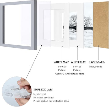 Egofine 8x8 Picture Frames 4 Pack, for Picture 4x4 with Mat or 8x8 whitout Mat Made of Solid Wood Covered by Plexiglass for Table Top Display and Wall Mounting Photo Frame, Light Gray